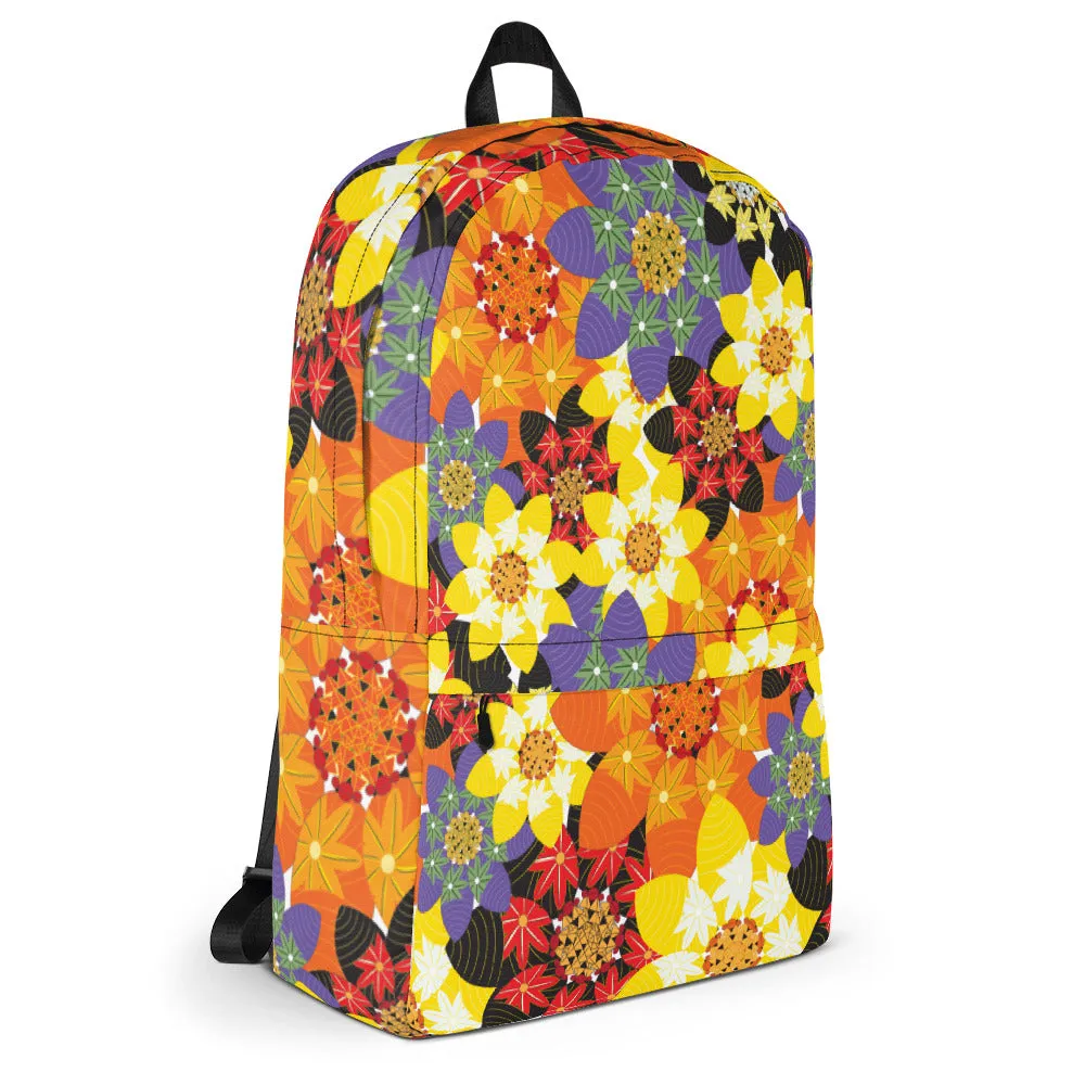 Backpack featuring an illustration of stylized flowers providing an explosion of color..