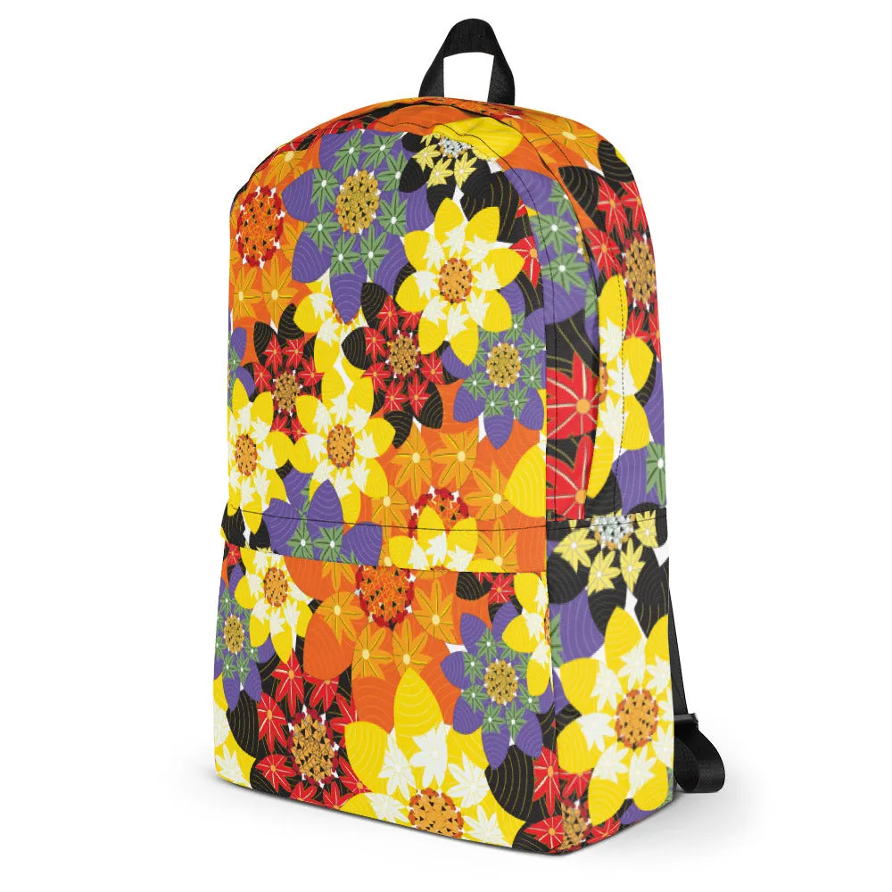 Backpack featuring an illustration of stylized flowers providing an explosion of color..