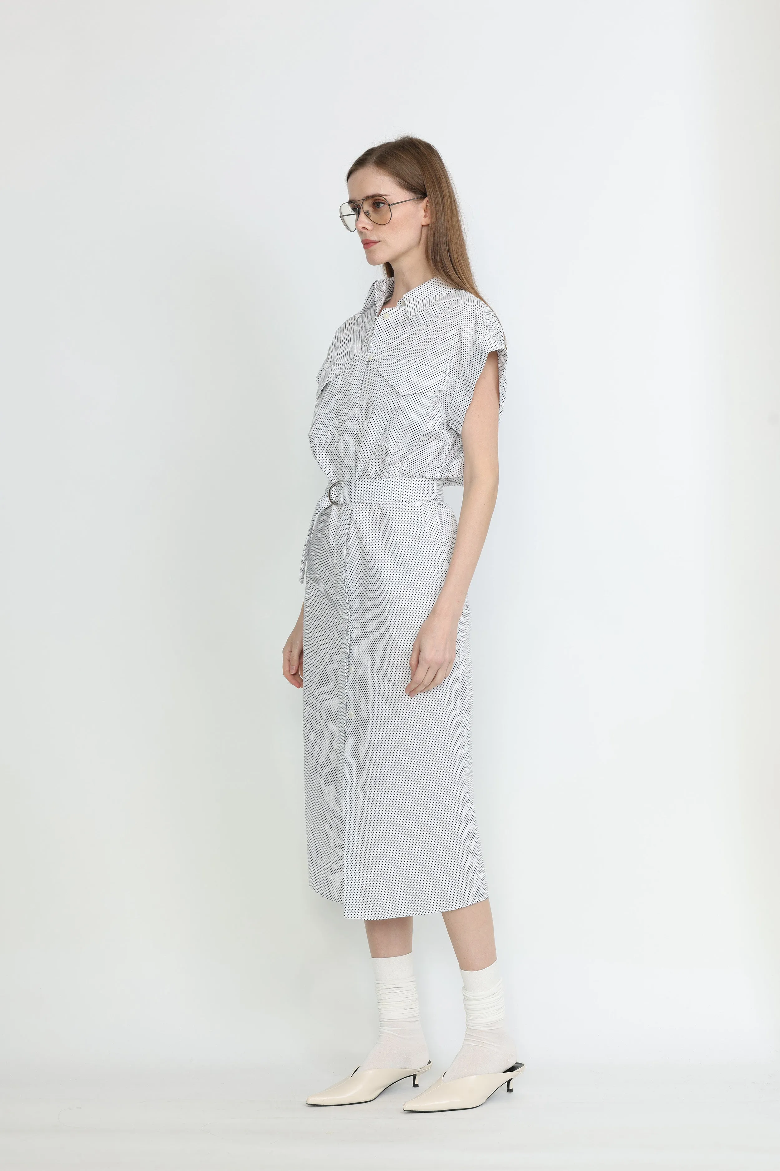Ballarat Dress - Utility shirt dress in white polka