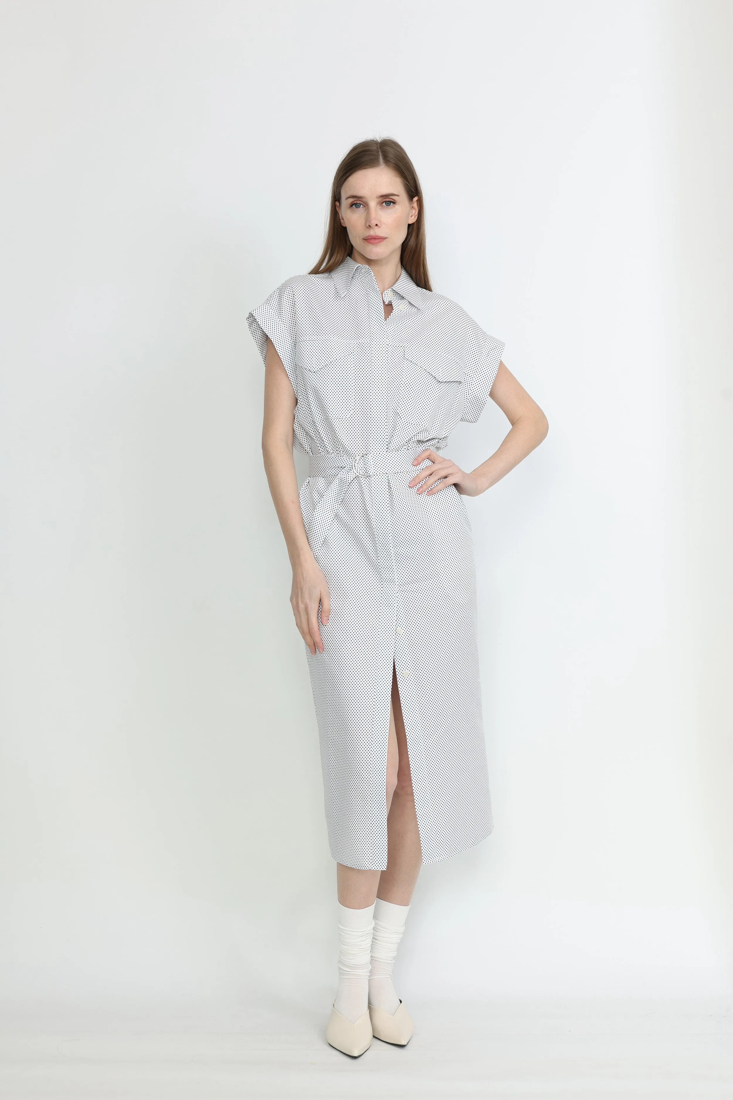 Ballarat Dress - Utility shirt dress in white polka