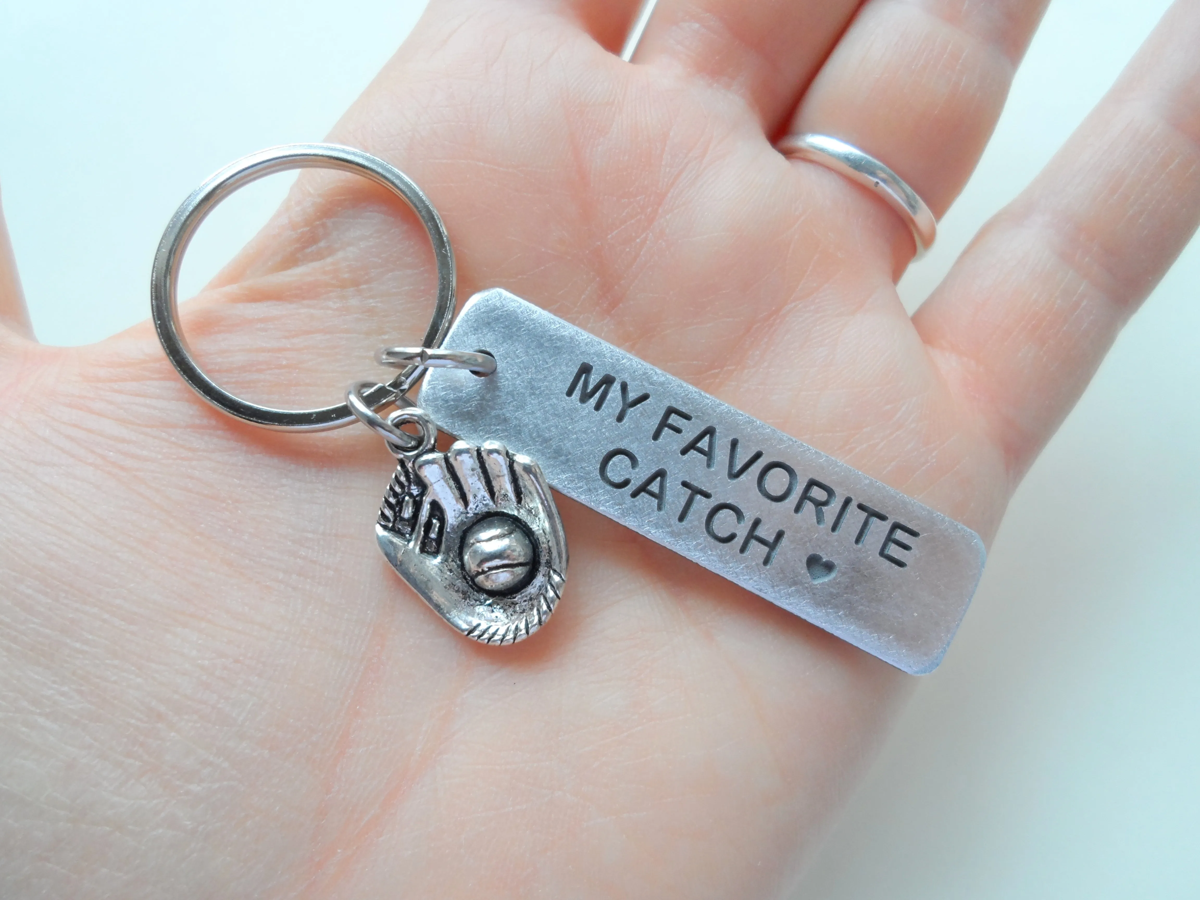 Baseball Mitt Charm Keychain With "My Favorite Catch" Engraved Aluminum Tag; Couples Keychain, Personalized Option
