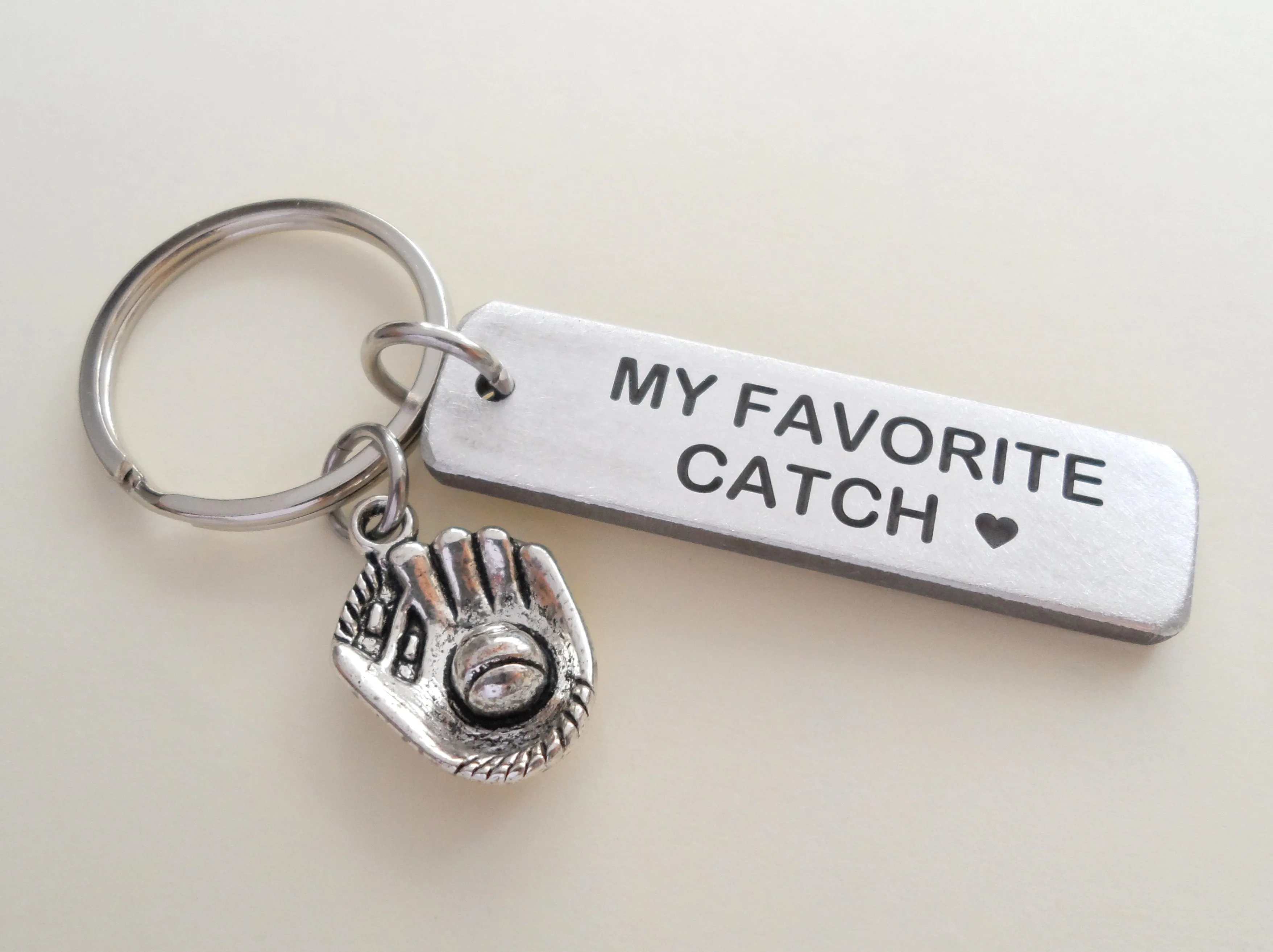 Baseball Mitt Charm Keychain With "My Favorite Catch" Engraved Aluminum Tag; Couples Keychain, Personalized Option