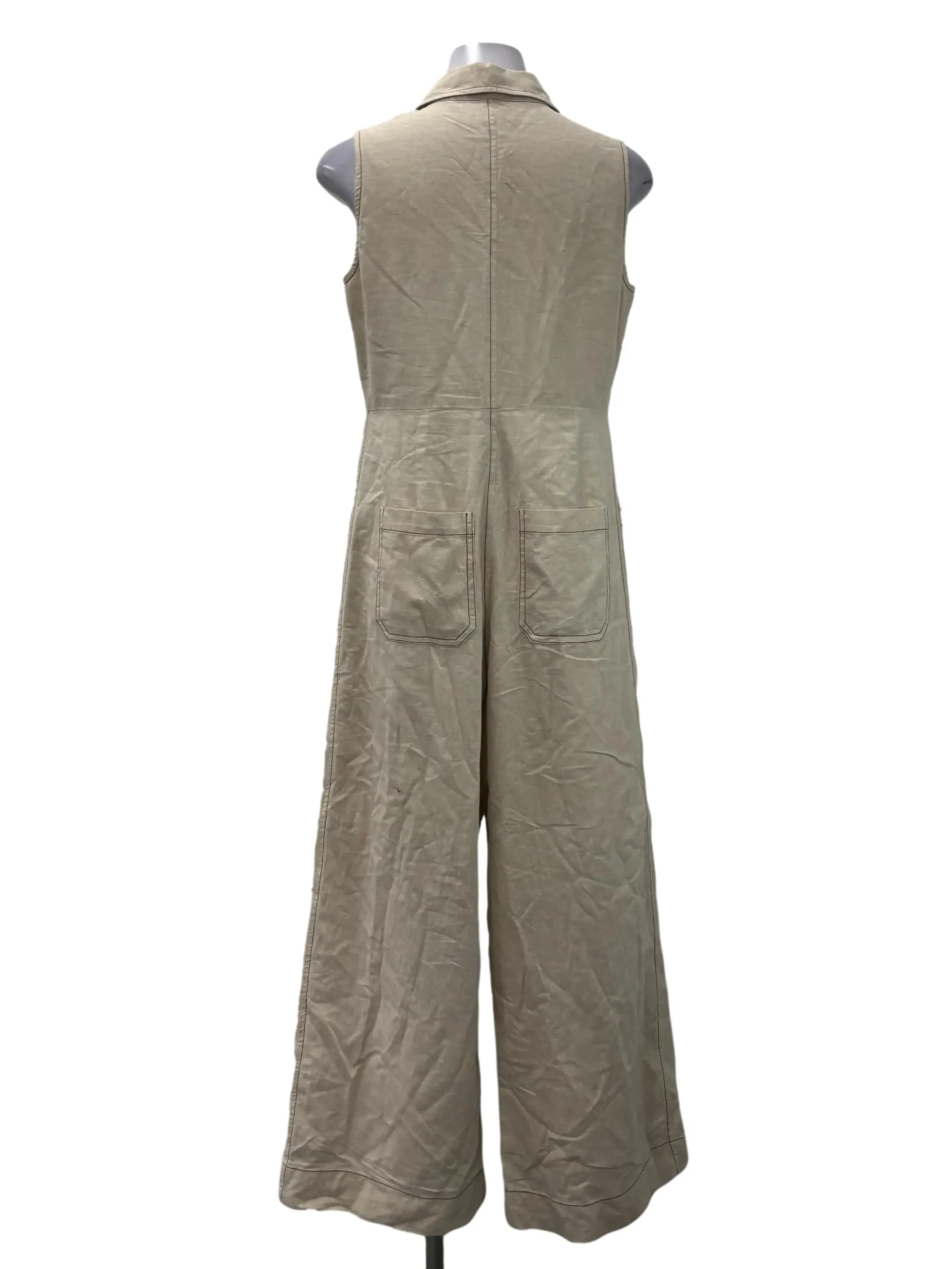 Beige Oat Contrast Stitch Collared Jumpsuit TCL