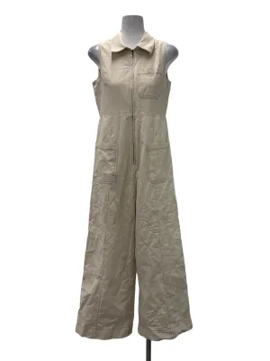 Beige Oat Contrast Stitch Collared Jumpsuit TCL
