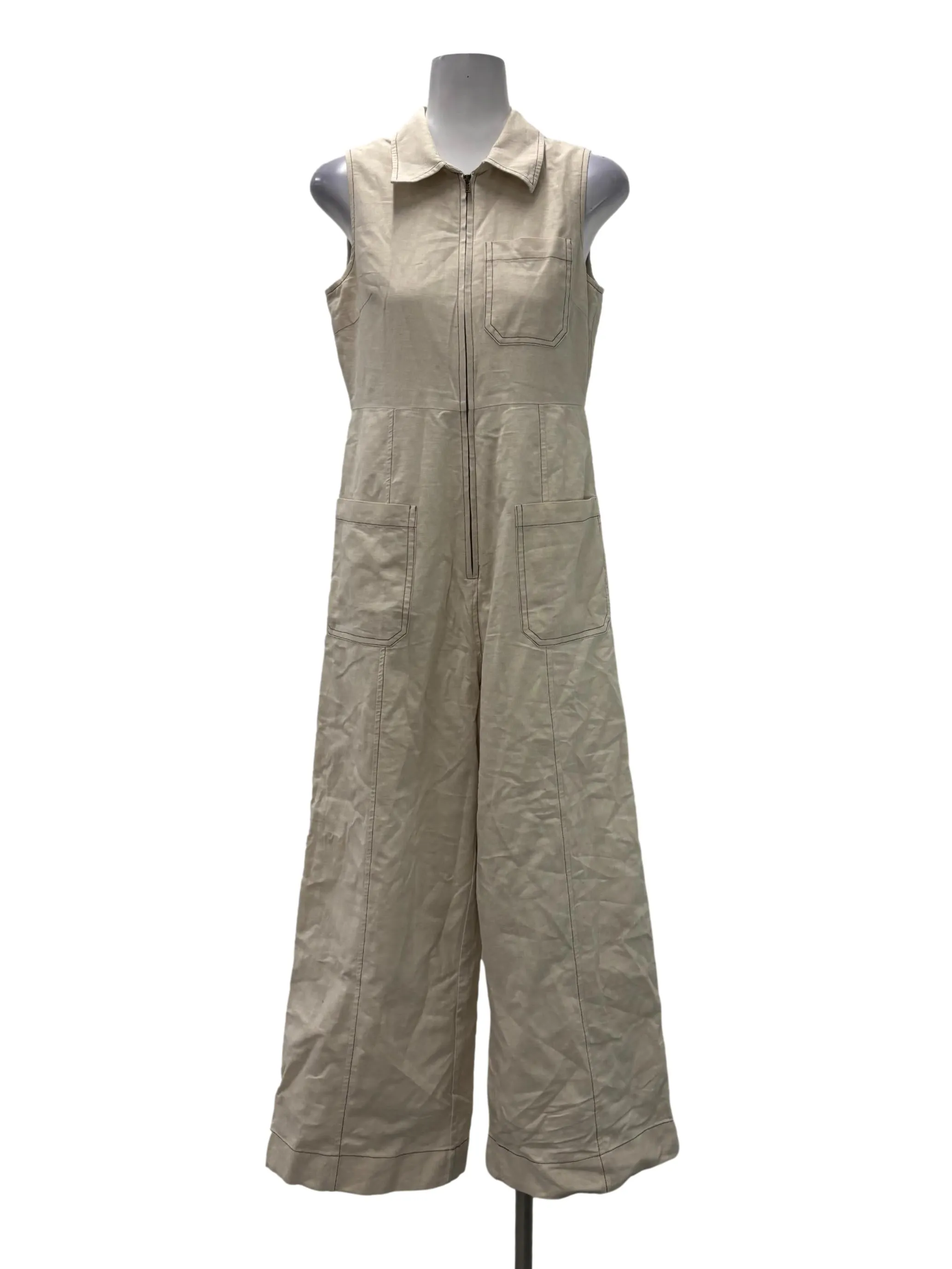 Beige Oat Contrast Stitch Collared Jumpsuit TCL