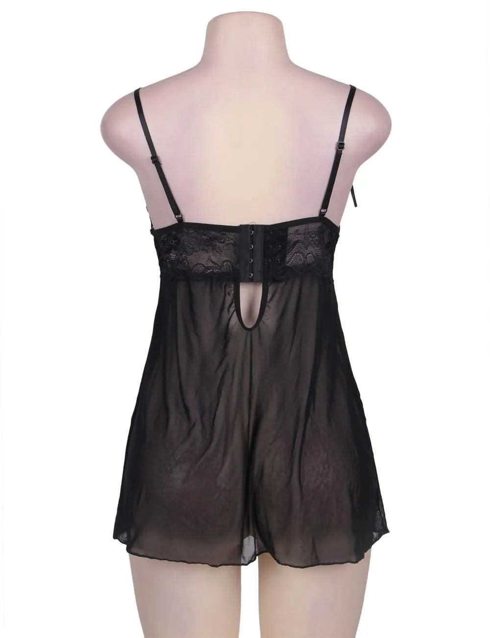 Black & Red Sweetheart Scalloped Lace Decor Babydoll