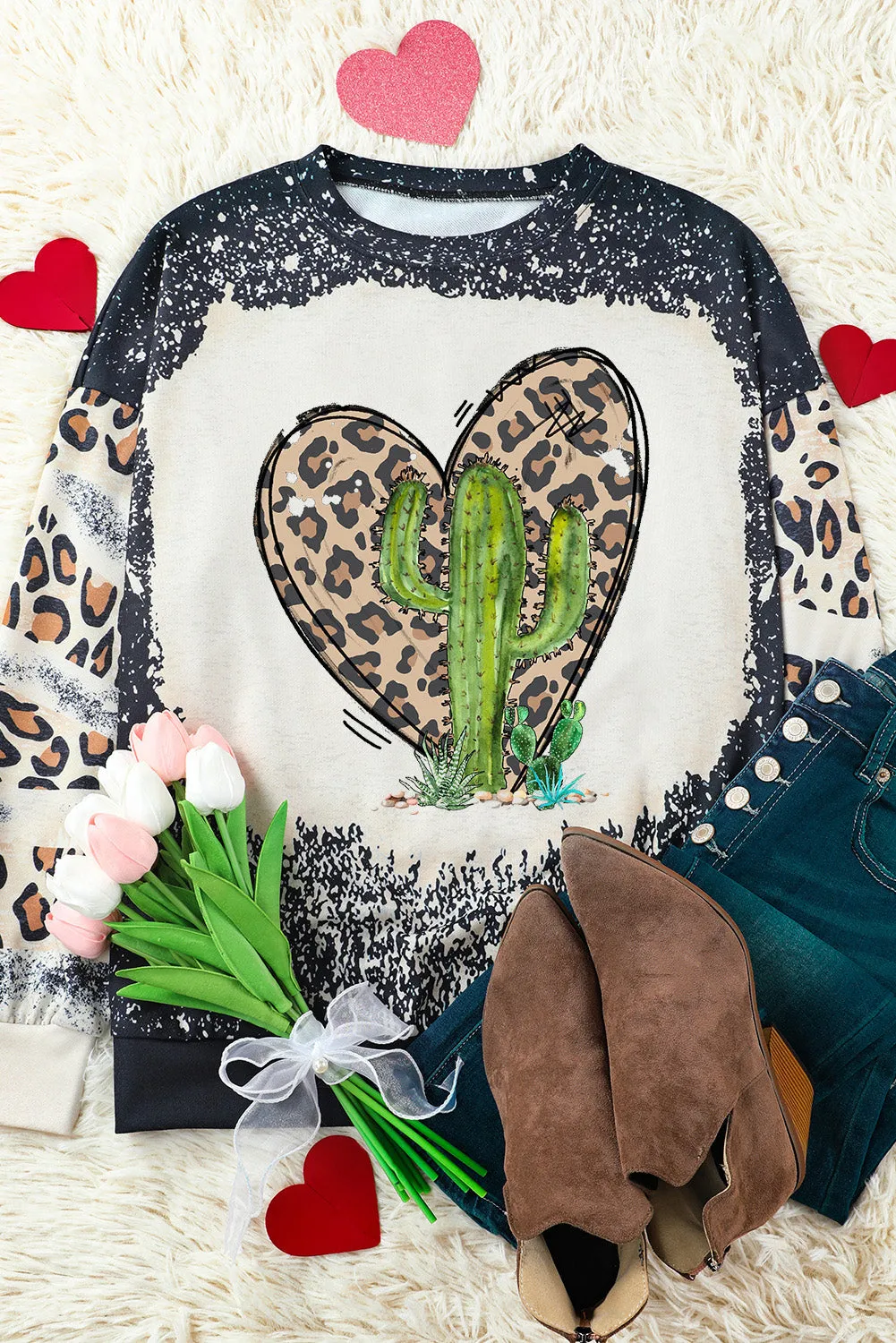 Black Cactus Leopard Heart Bleached Print Graphic Sweatshirt