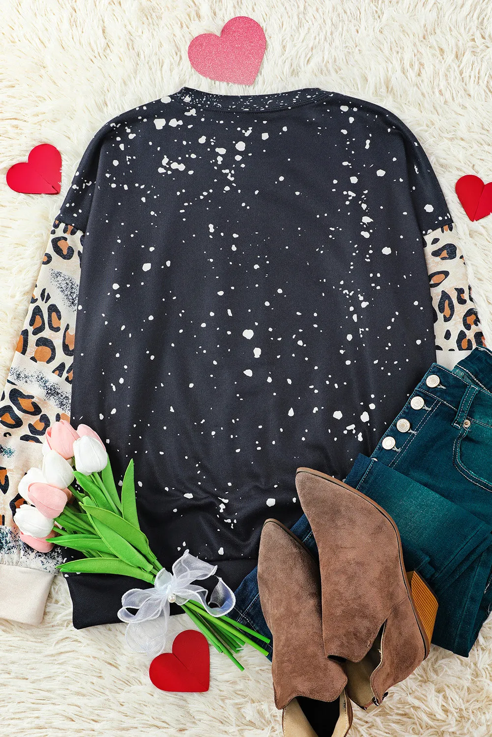 Black Cactus Leopard Heart Bleached Print Graphic Sweatshirt
