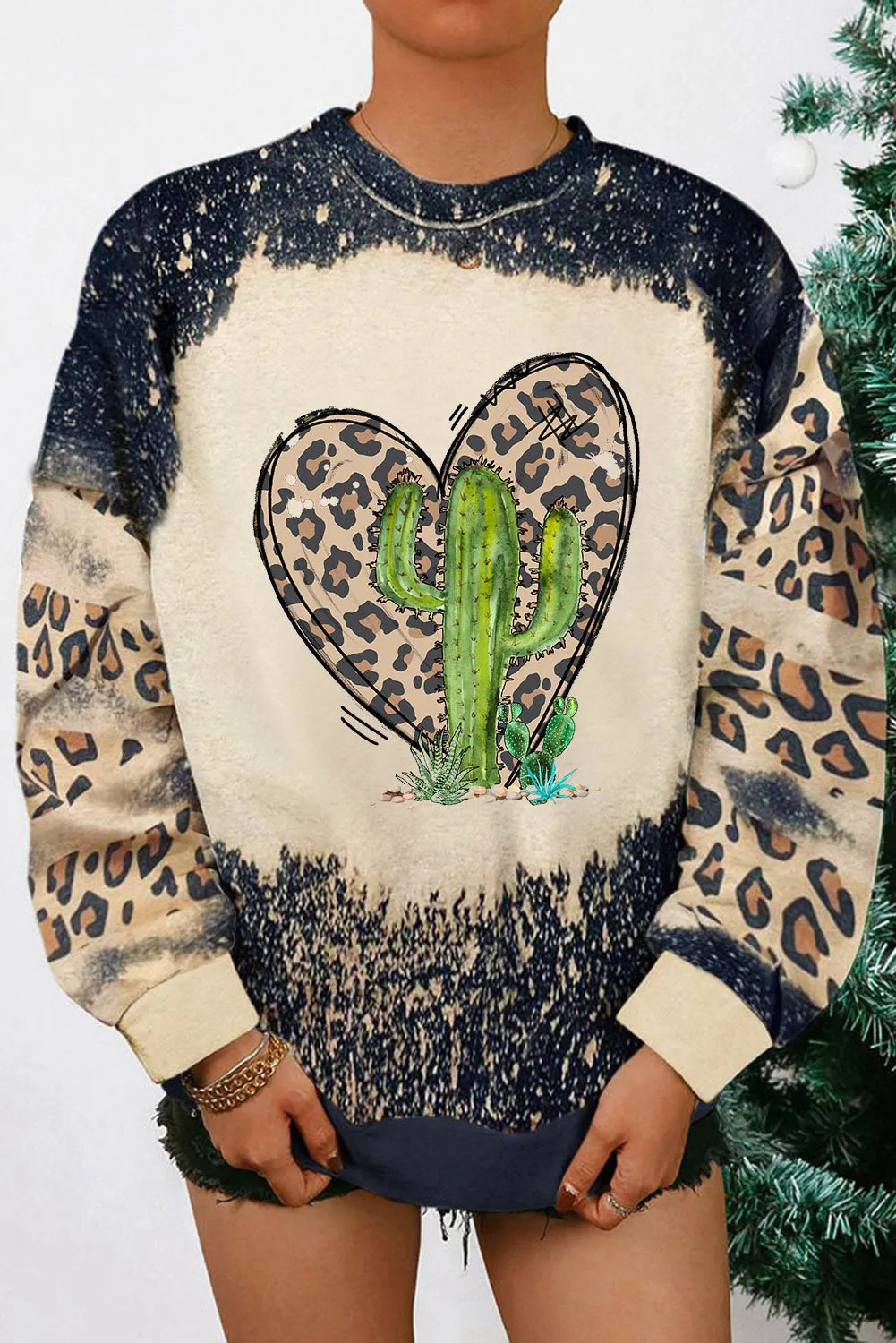 Black Cactus Leopard Heart Bleached Print Graphic Sweatshirt