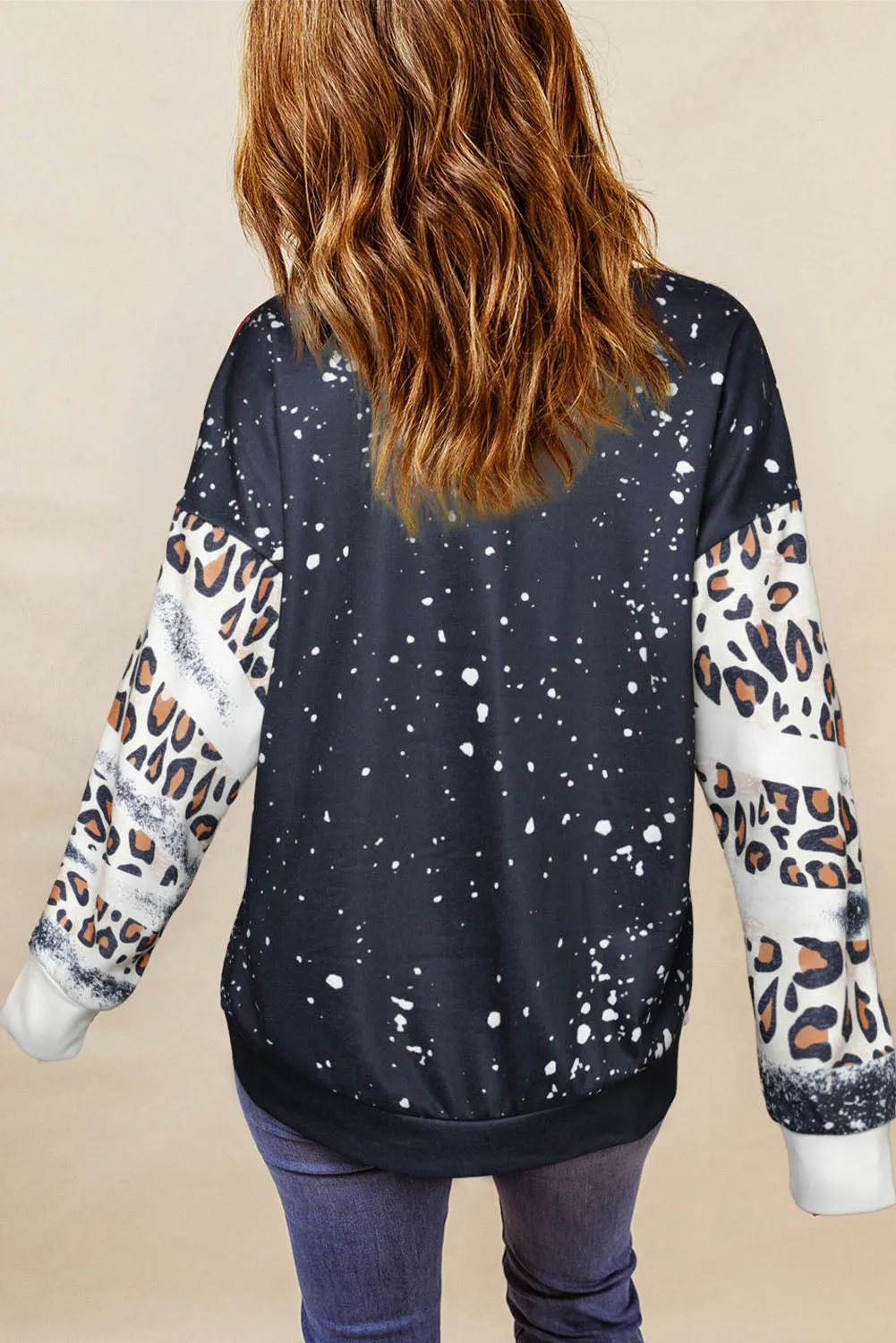 Black Cactus Leopard Heart Bleached Print Graphic Sweatshirt