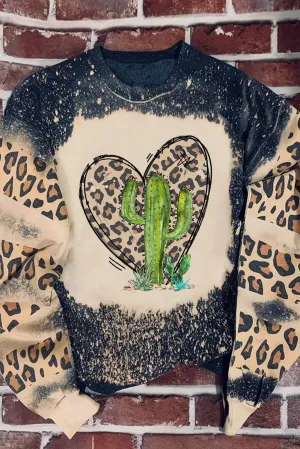 Black Cactus Leopard Heart Bleached Print Graphic Sweatshirt
