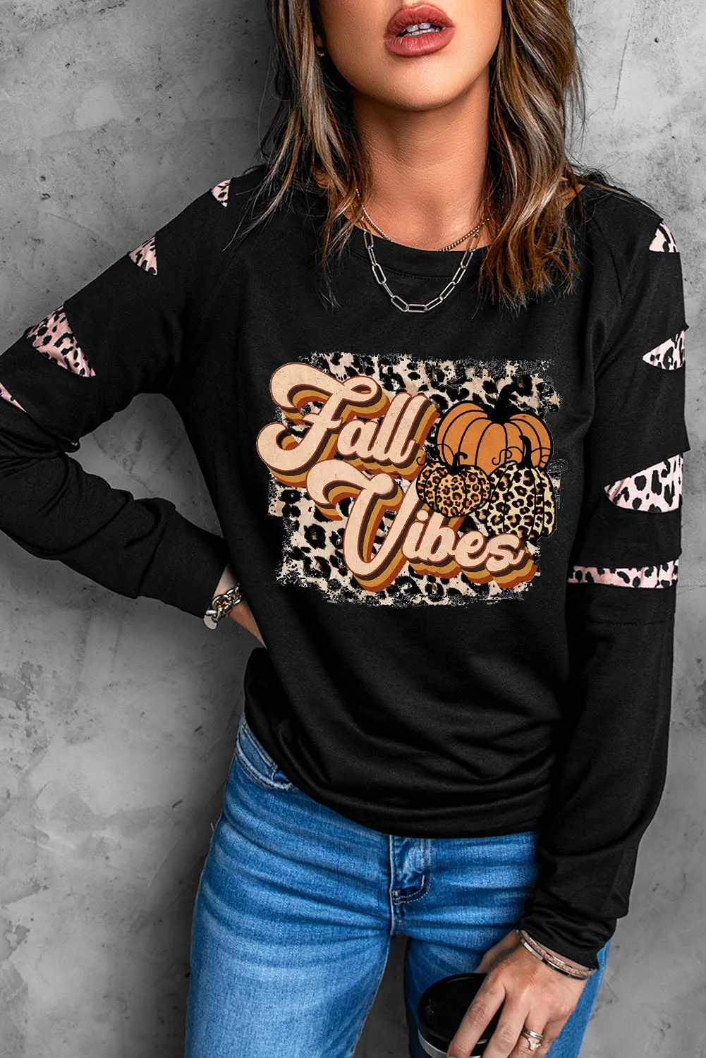 Black Fall Vibes Pumpkin Graphic Leopard Cutout Sleeve Sweatshirt