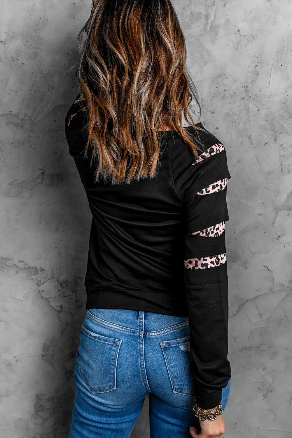 Black Fall Vibes Pumpkin Graphic Leopard Cutout Sleeve Sweatshirt