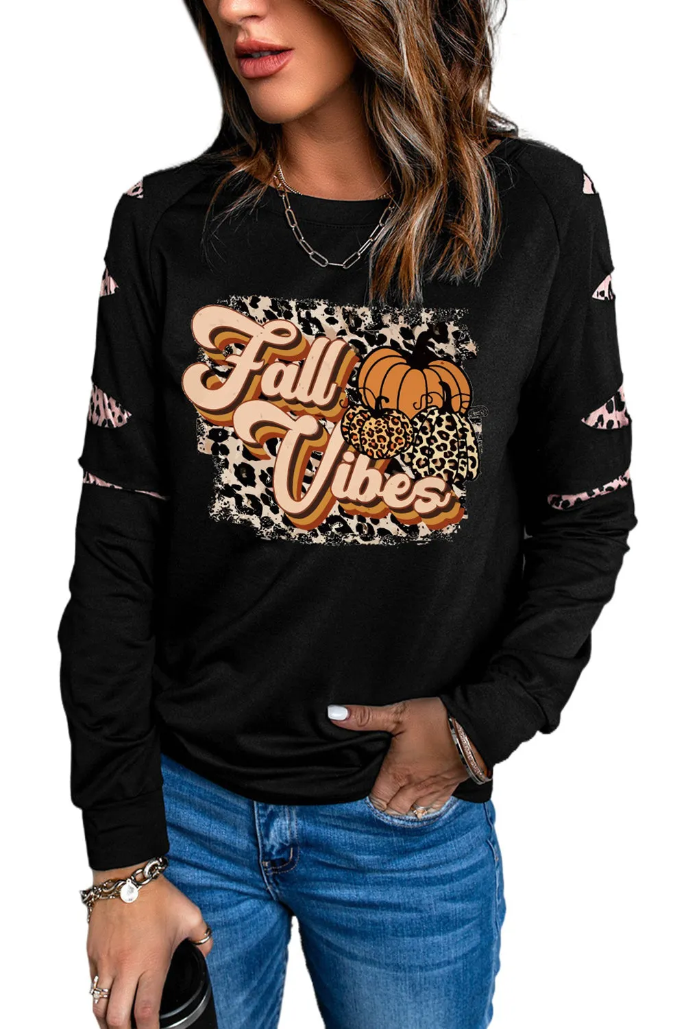 Black Fall Vibes Pumpkin Graphic Leopard Cutout Sleeve Sweatshirt