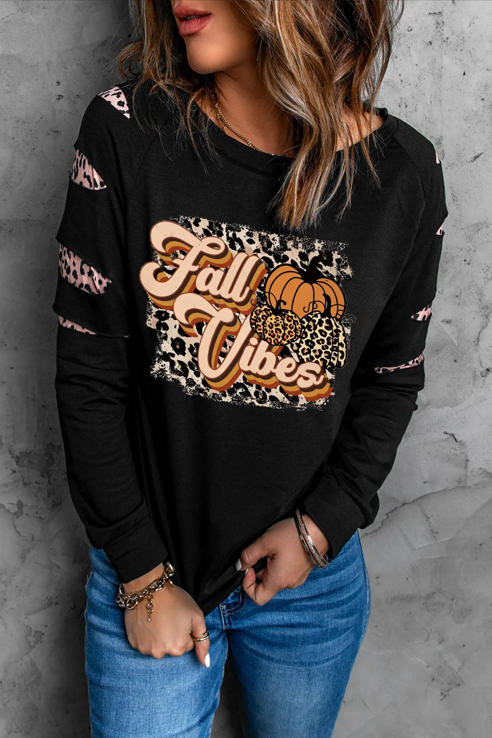 Black Fall Vibes Pumpkin Graphic Leopard Cutout Sleeve Sweatshirt