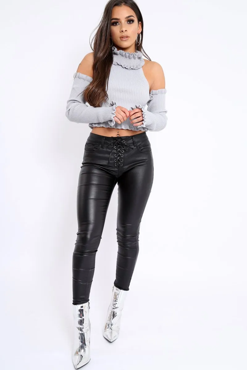 Black Lace Up Matte PU Jeans - Yissel
