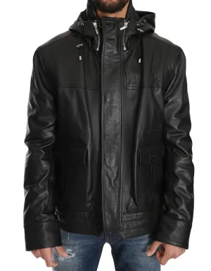 Black Leather Hooded Zipper Mens Giubbotto Jacket