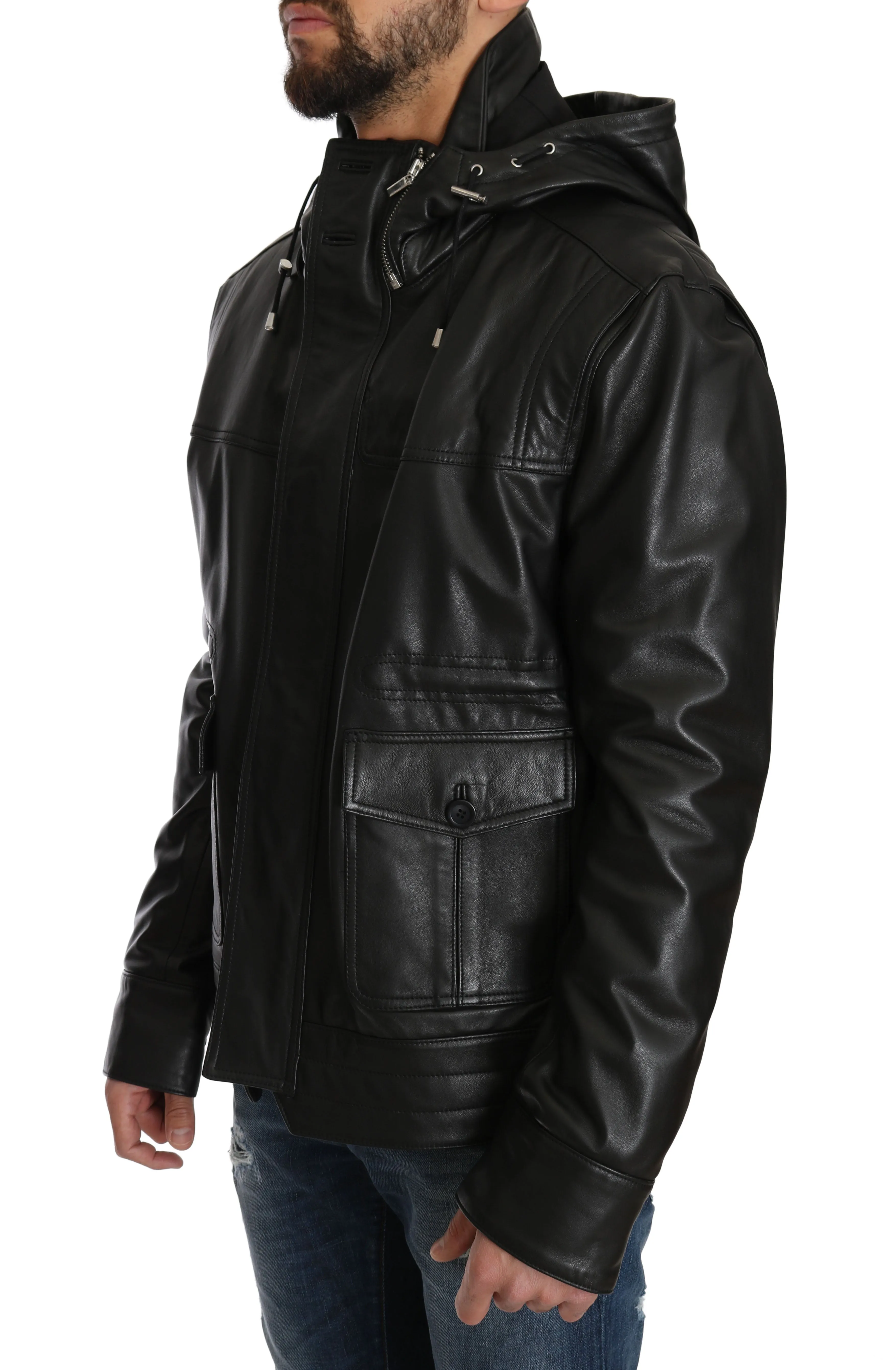 Black Leather Hooded Zipper Mens Giubbotto Jacket
