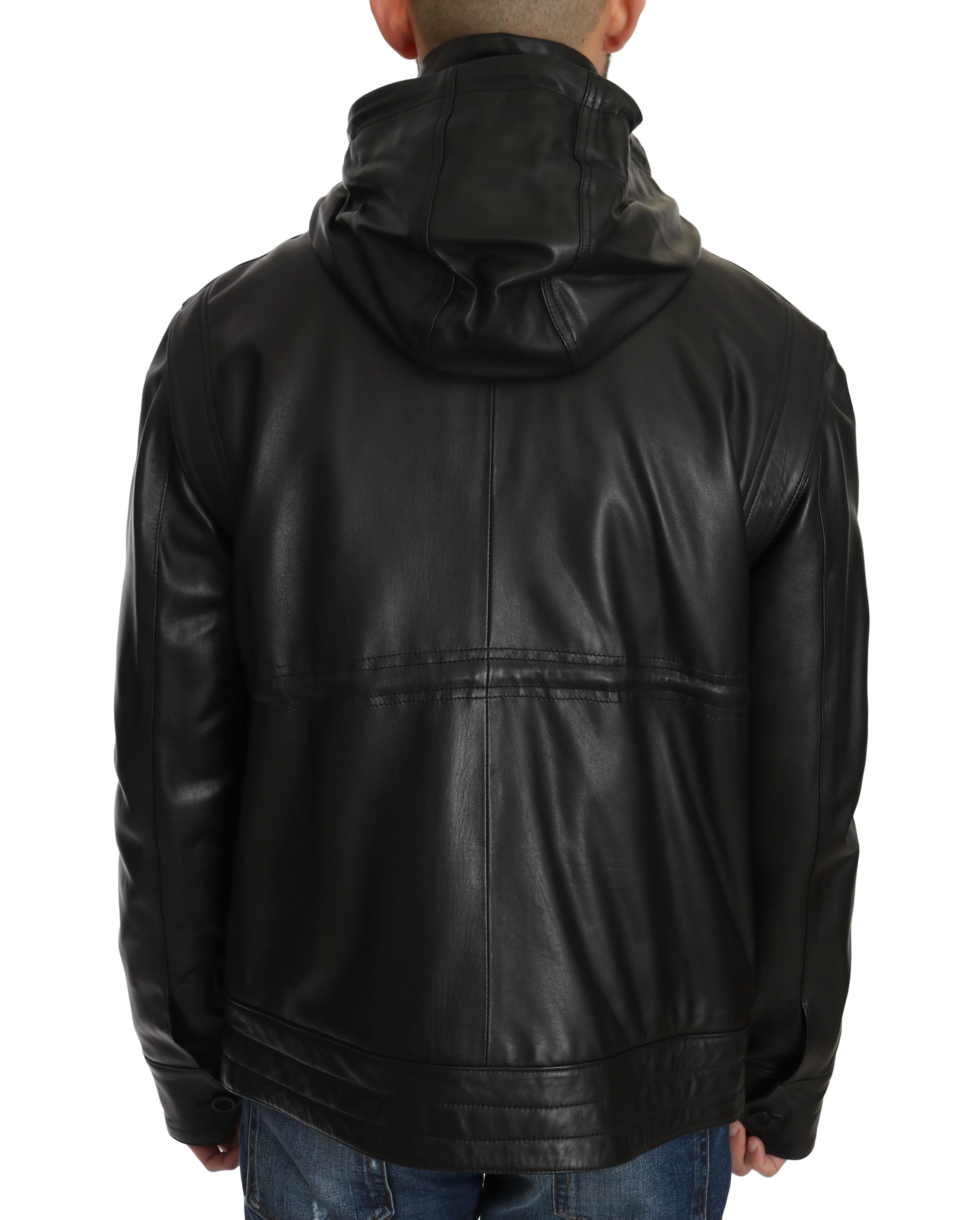 Black Leather Hooded Zipper Mens Giubbotto Jacket