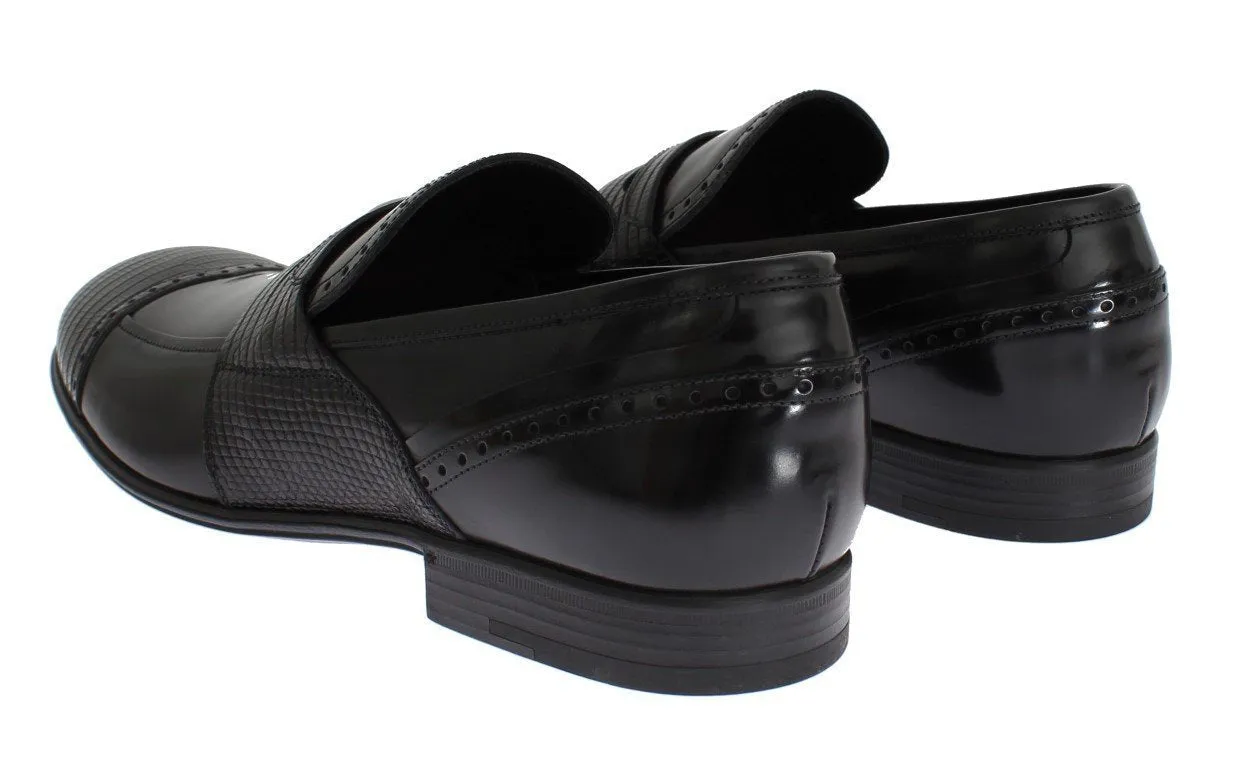 Black Lizard Leather Loafers Dress Shoes