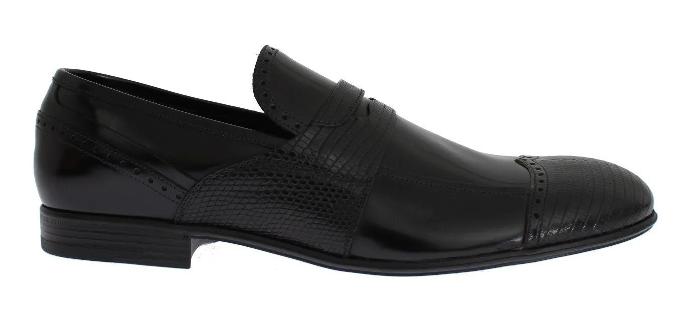 Black Lizard Leather Loafers Dress Shoes
