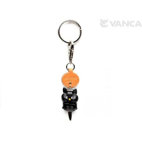 Black Playing Japanese Leather Keychains Cat