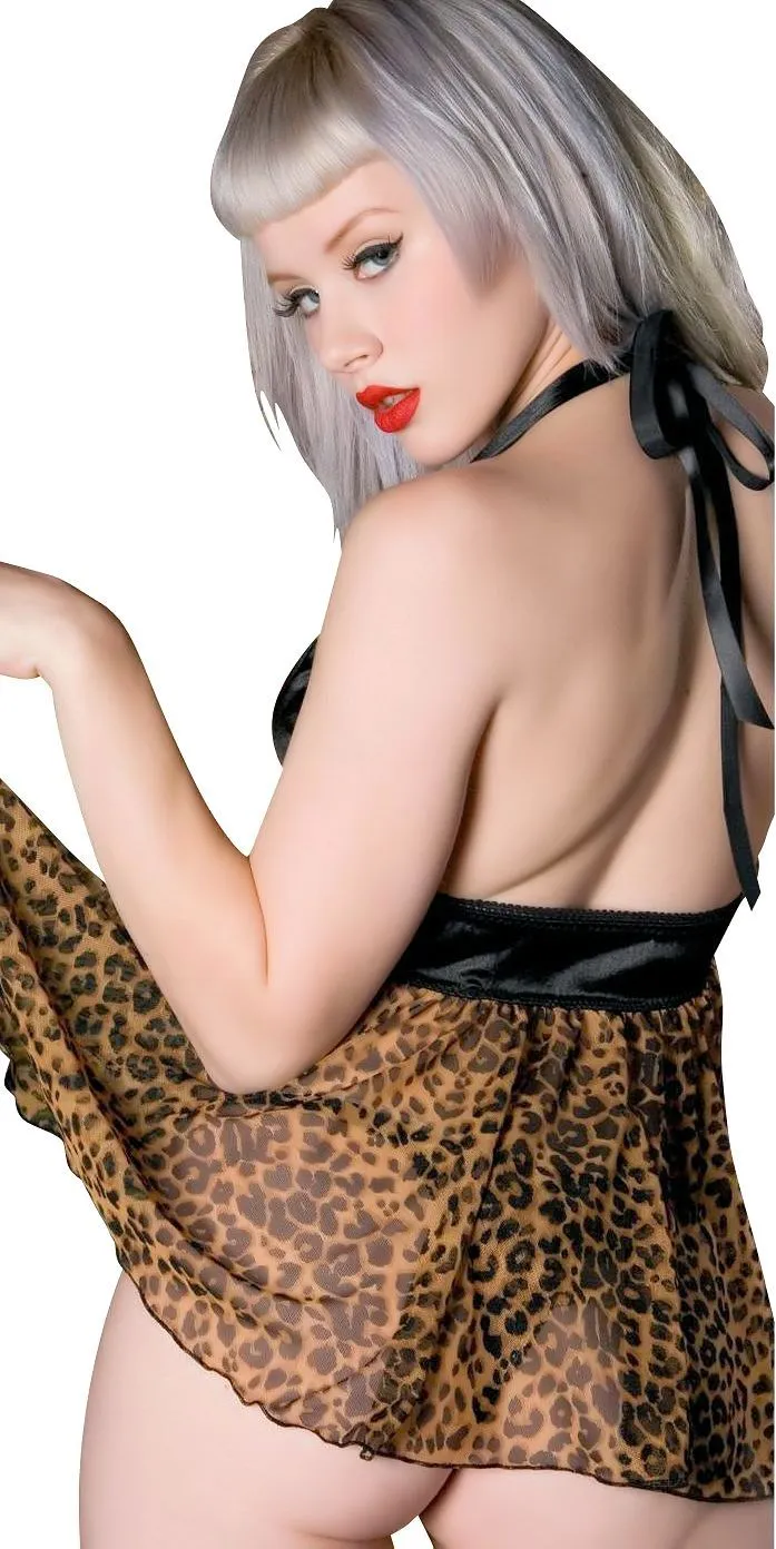 Black Satin and Leopard Mesh Print Babydoll Lingerie