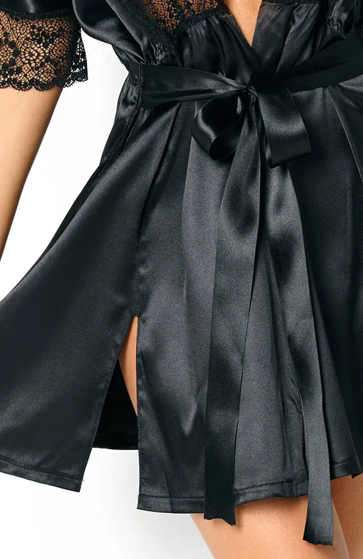 Black satin robe with lace - Dorit