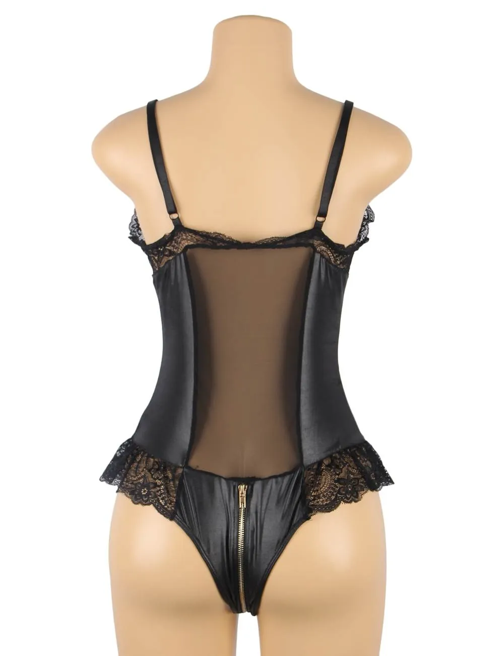 Black Sexy PU Lace Zipper Bodysuit