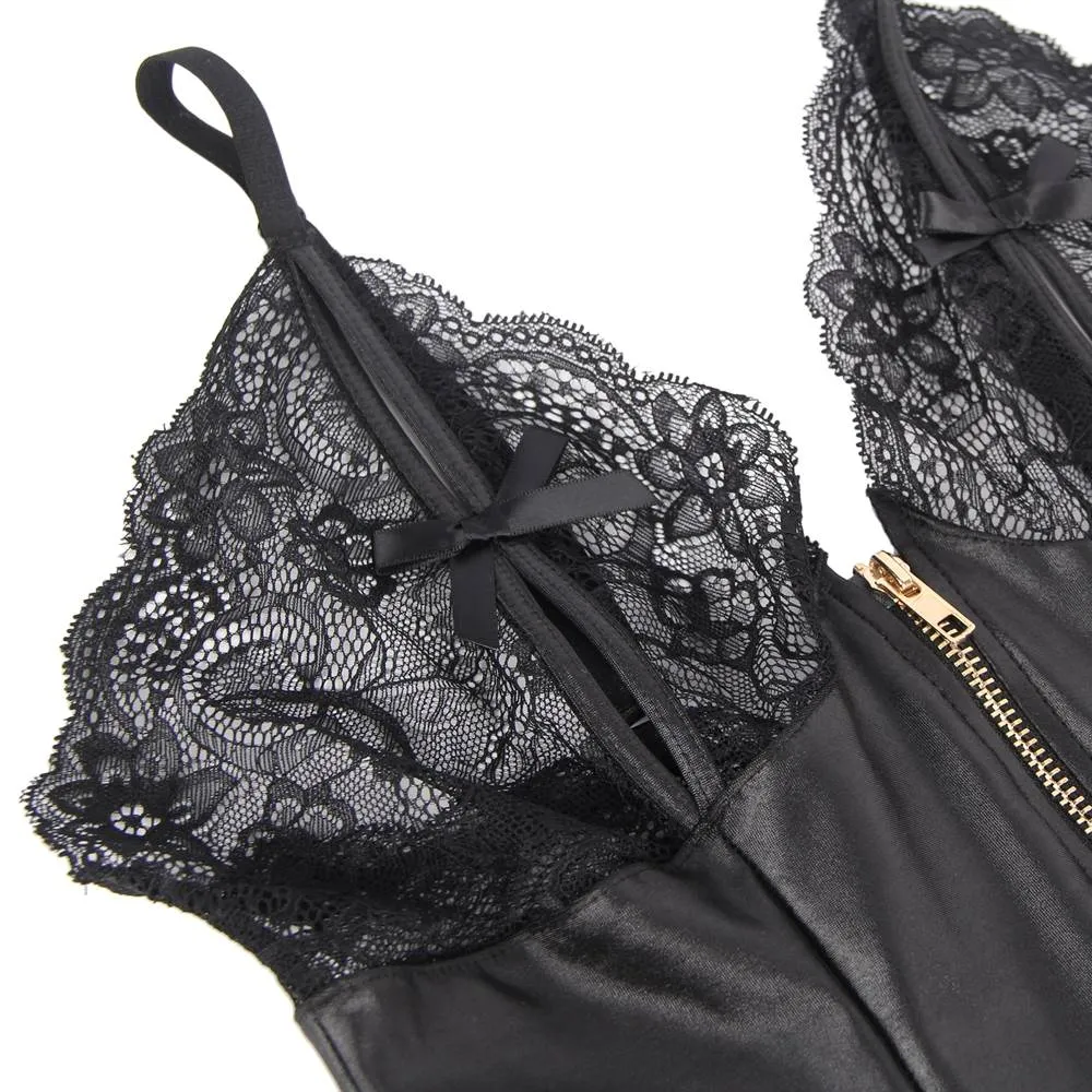 Black Sexy PU Lace Zipper Bodysuit