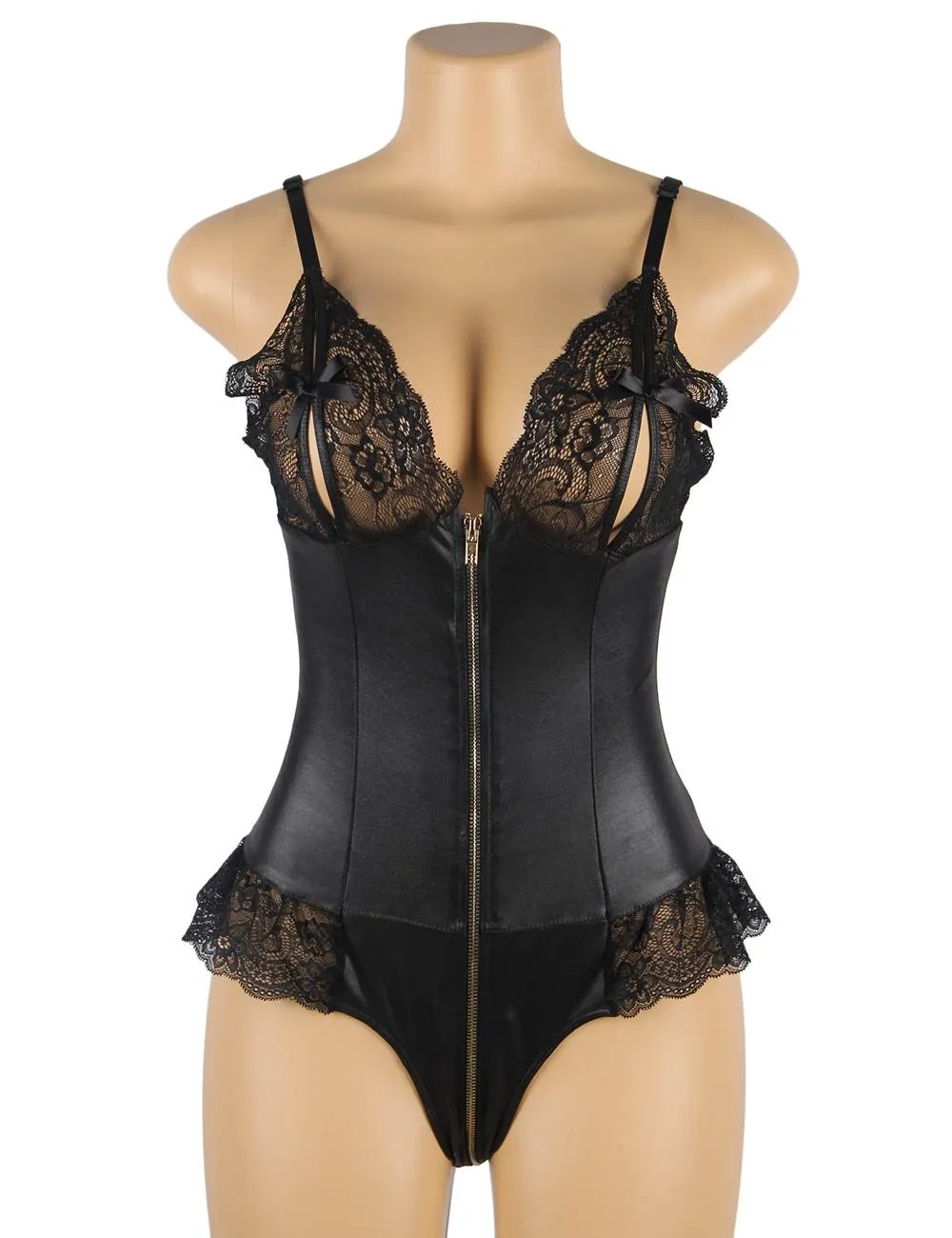 Black Sexy PU Lace Zipper Bodysuit