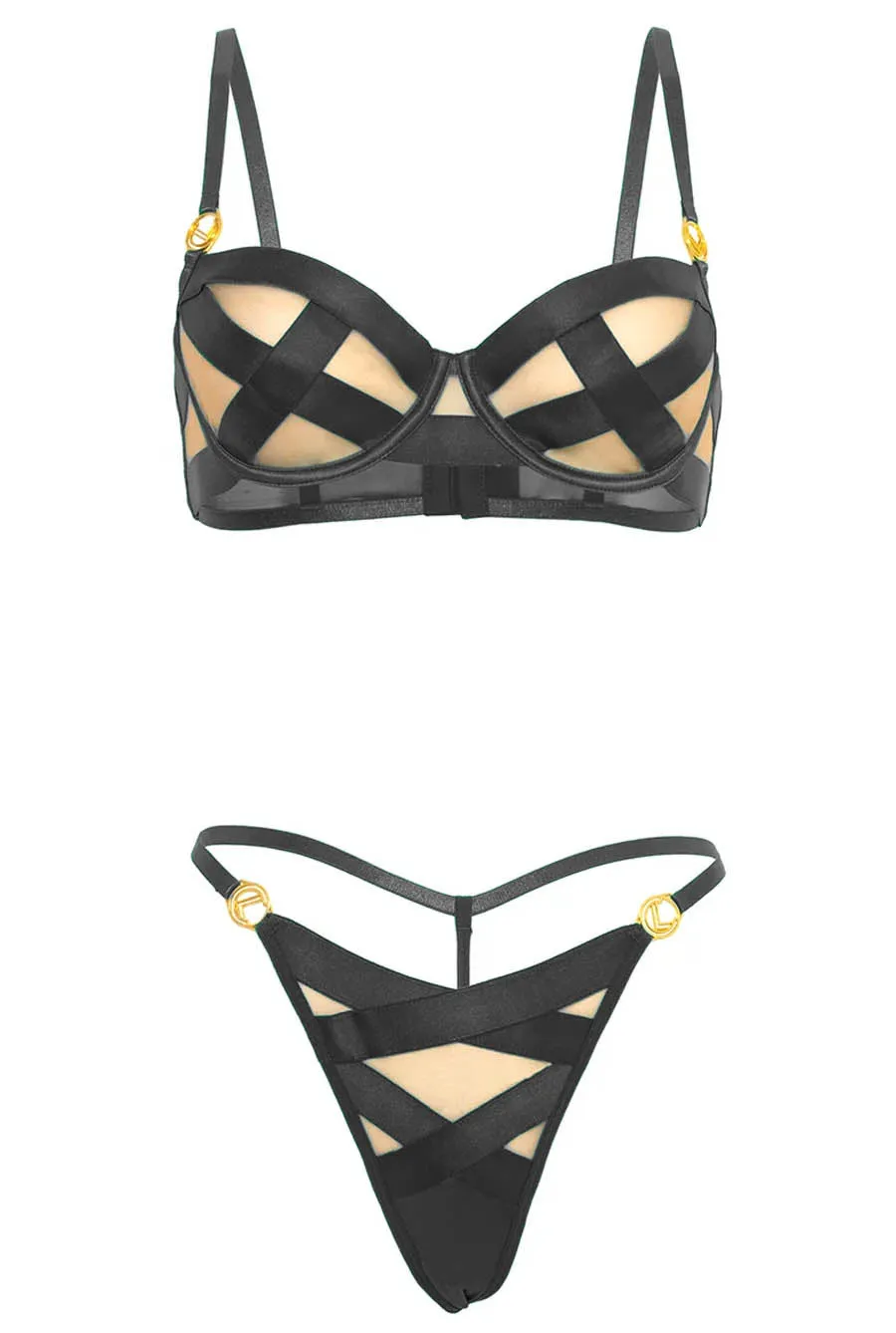 Black Strappy Satin Bra & Gstring Lingerie Set