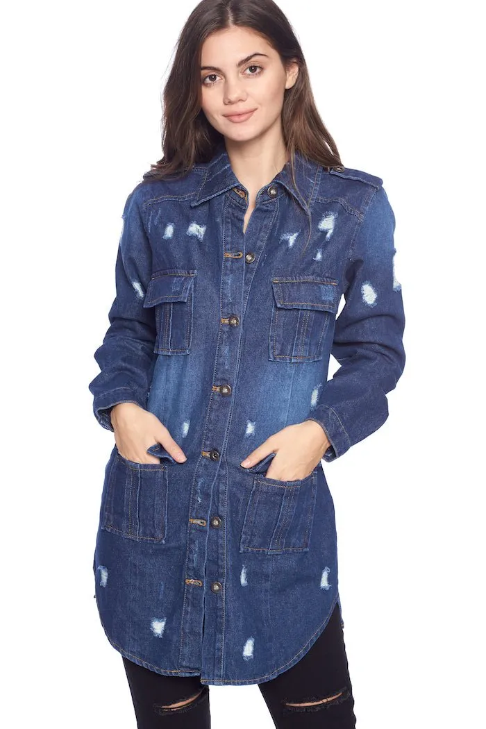 [Blue Age] Womens Destroyed Denim Jacket with Four Pockets