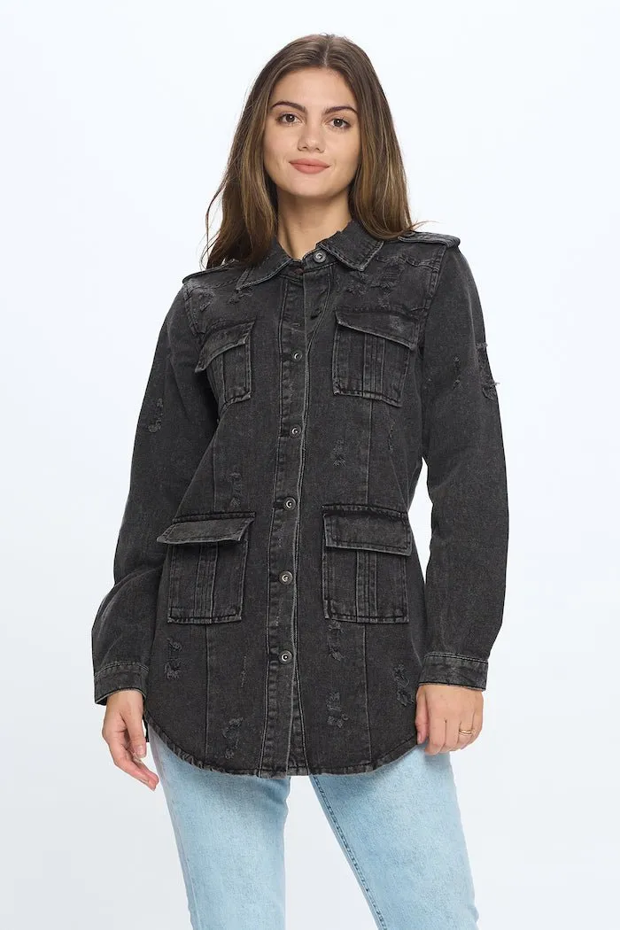 [Blue Age] Womens Destroyed Denim Jacket with Four Pockets