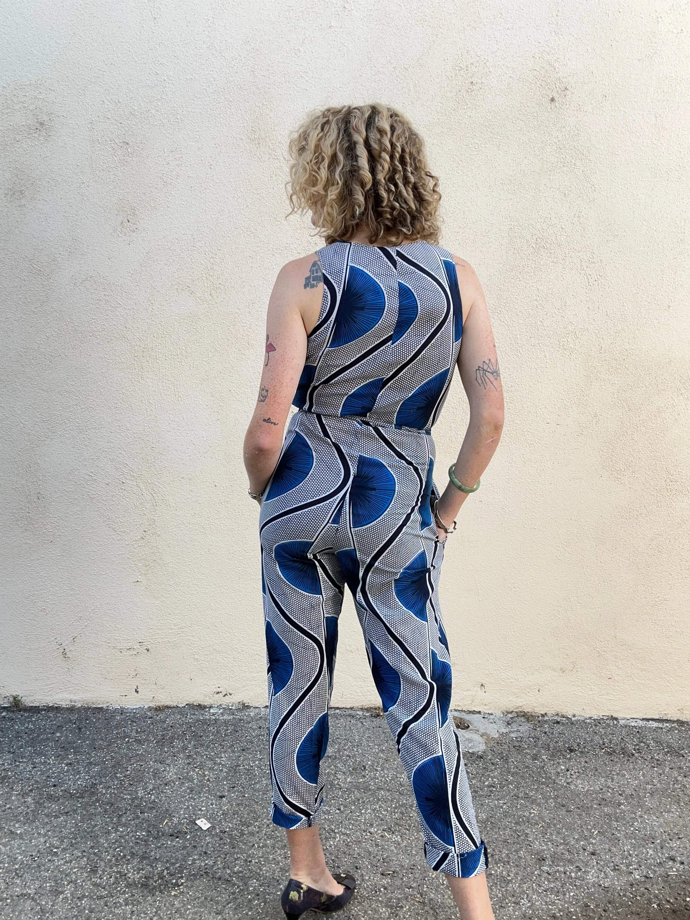 Blue Geometric Print Sleeveless Jumpsuit