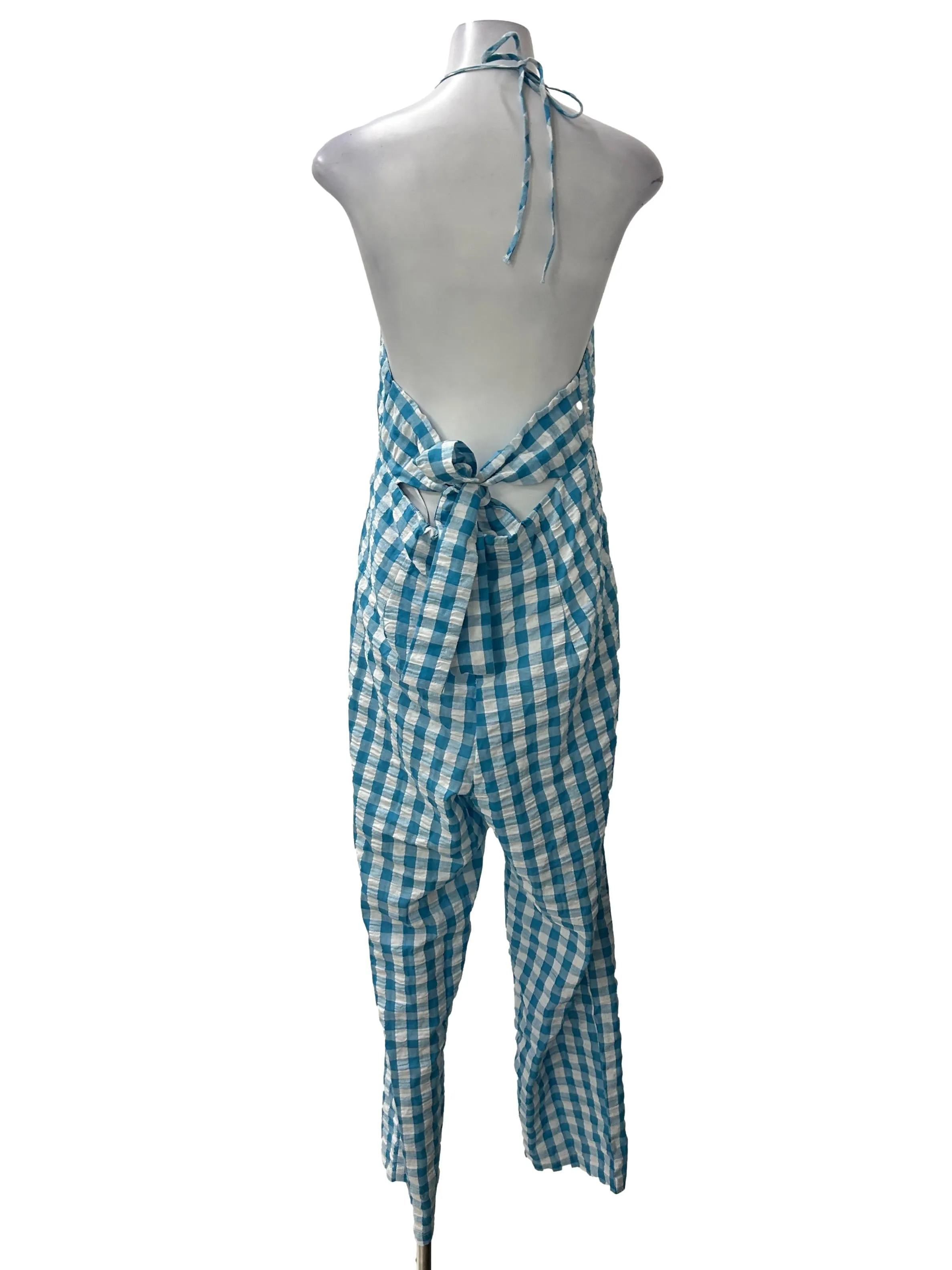 Blue Gingham Seersucker Cut Out Jumpsuit
