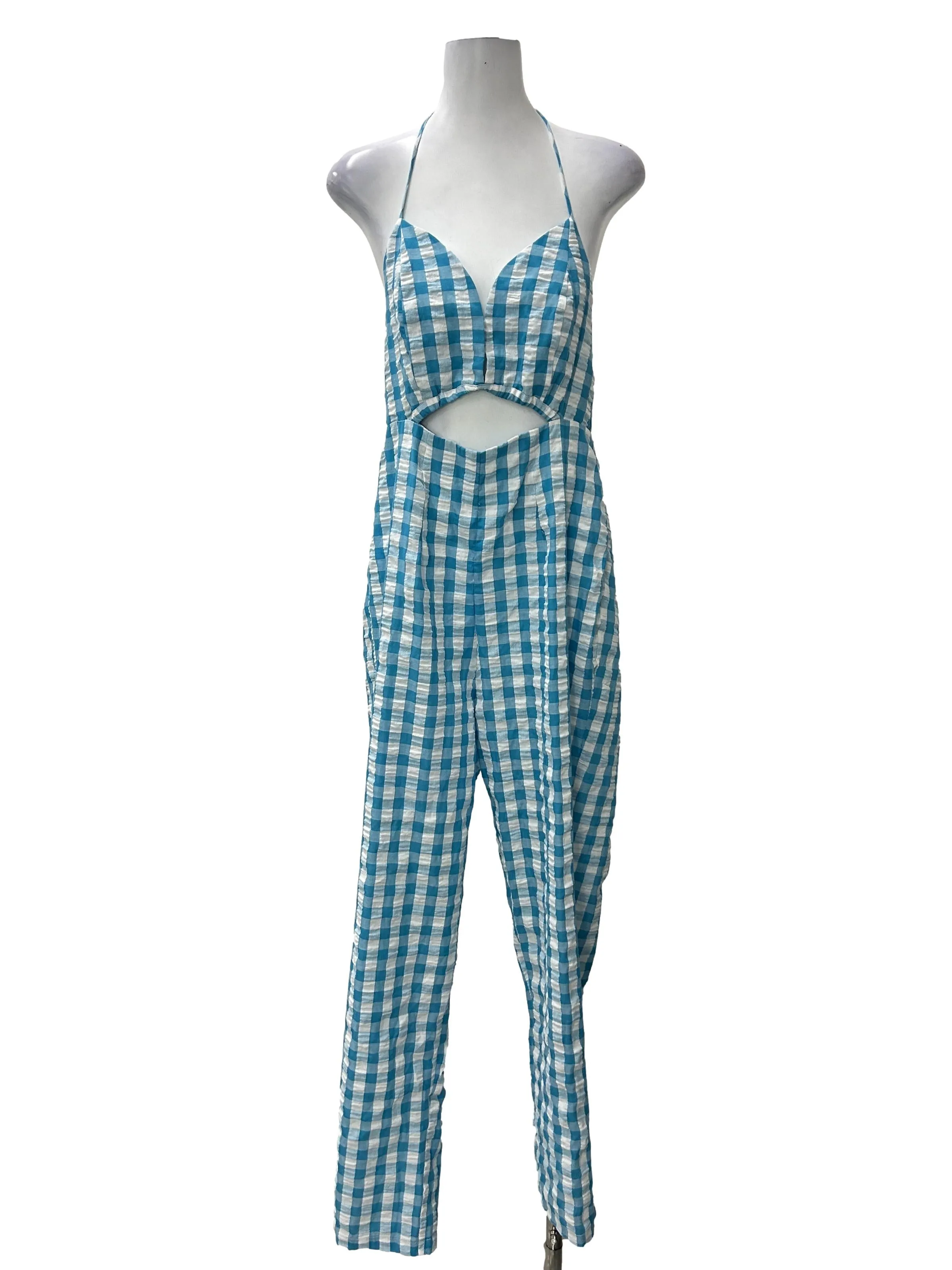Blue Gingham Seersucker Cut Out Jumpsuit