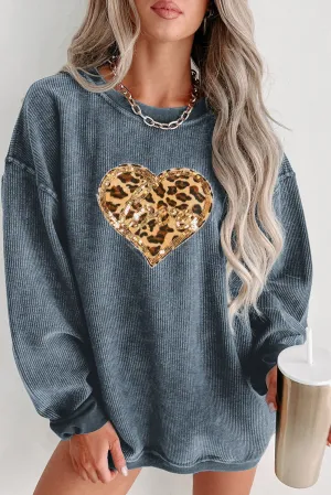 Blue Leopard Patched Sequined Love Heart Graphic Sweatshirt