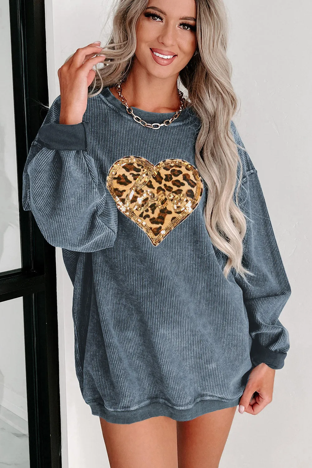 Blue Leopard Patched Sequined Love Heart Graphic Sweatshirt