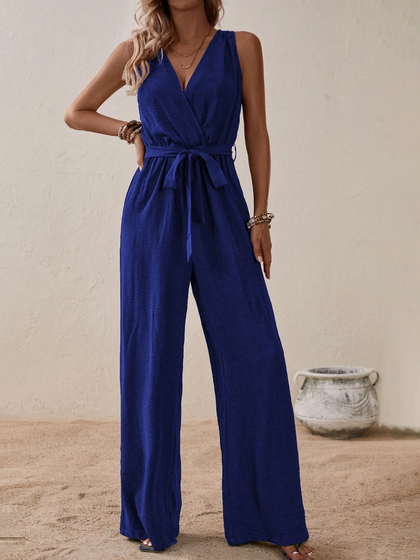 Blue Sleeveless Jumpsuit With  Tie Up