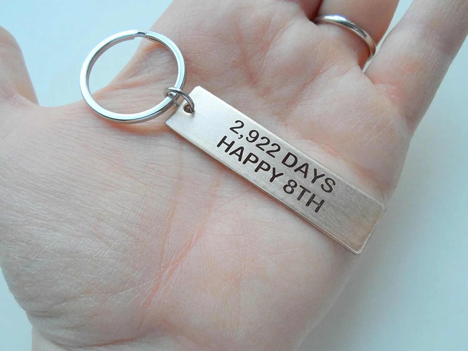 Bronze Tag Keychain Engraved with "2,922 Days, Happy 8th"; Handmade 8 Year Anniversary Couples Keychain, Personalized Option