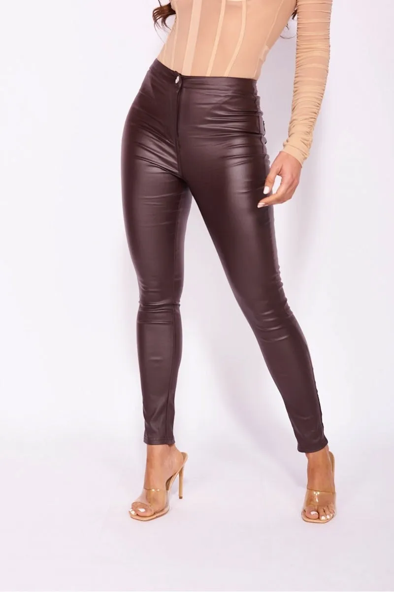 Brown Coated High Waist Skinny Jeans