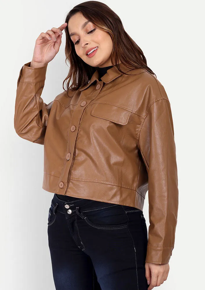 Brown PU Leather Jacket With Front Button Up And Flap Detailing