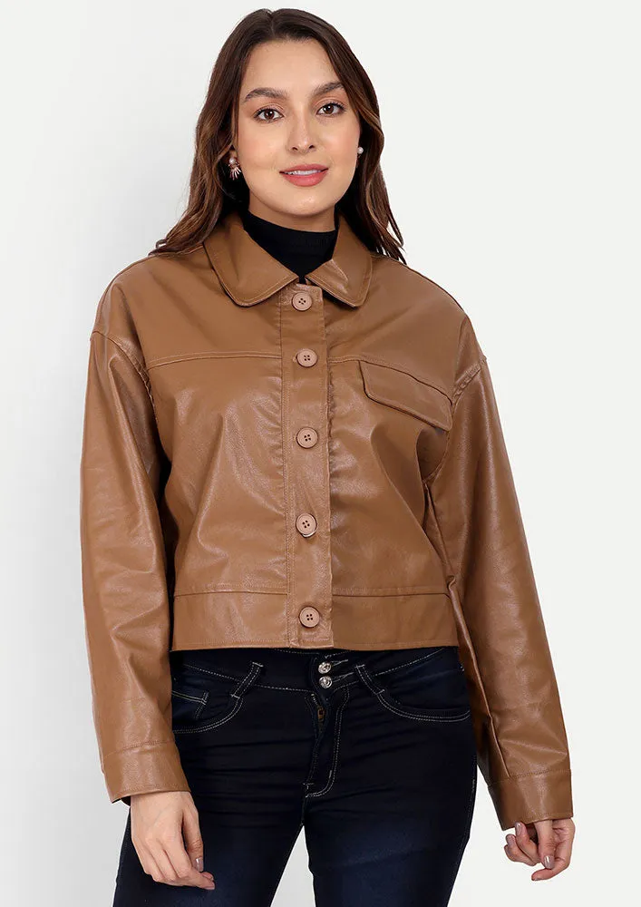 Brown PU Leather Jacket With Front Button Up And Flap Detailing