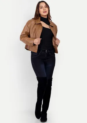 Brown PU Leather Jacket With Front Button Up And Flap Detailing