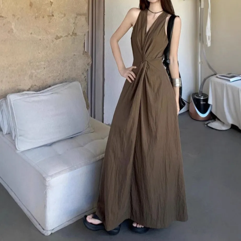 Brown Sleeveless Front Knot Flared Dress