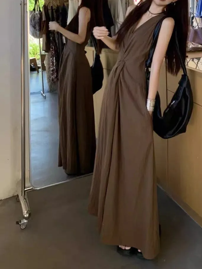 Brown Sleeveless Front Knot Flared Dress