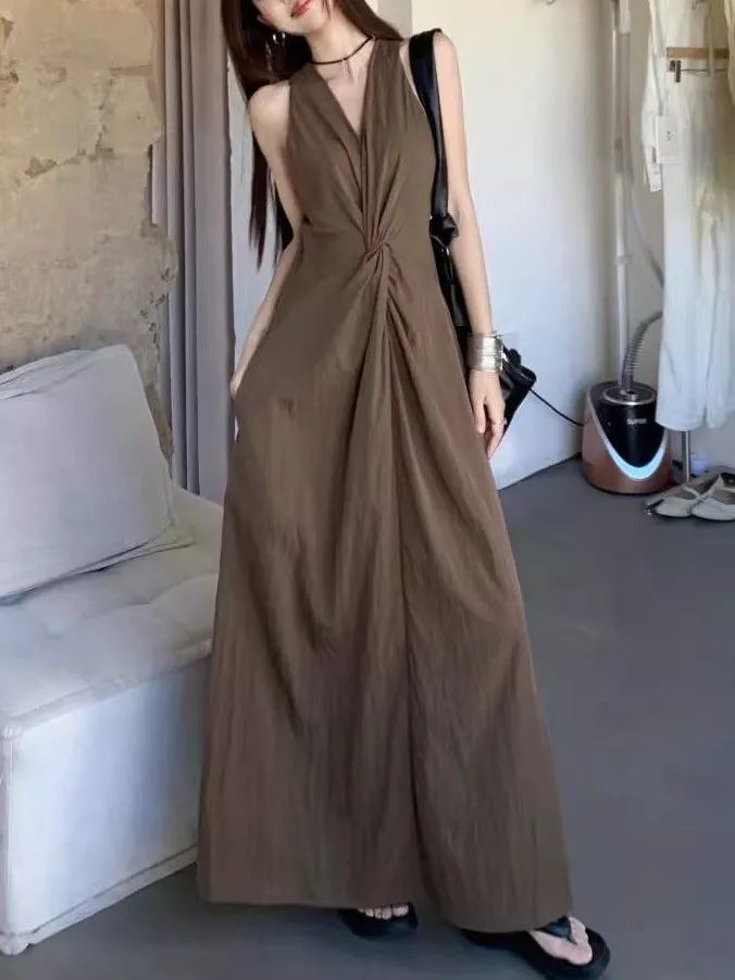 Brown Sleeveless Front Knot Flared Dress
