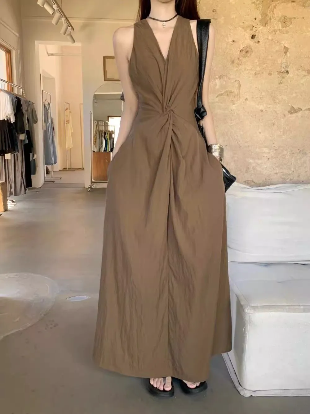 Brown Sleeveless Front Knot Flared Dress