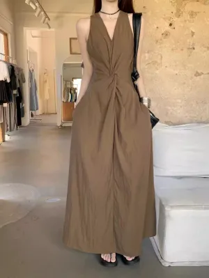 Brown Sleeveless Front Knot Flared Dress